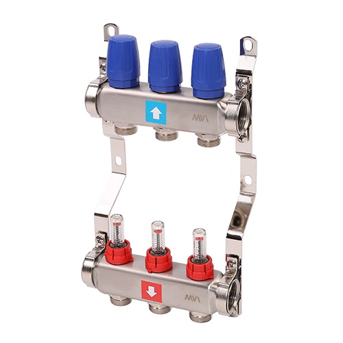 Коллектор 1"3/4"E/3 сборный из нержавеющей стали, с расходомерами (0-5 л/мин), для систем отопления, Tmax=80С, Ру8, м/о 50мм MVI
