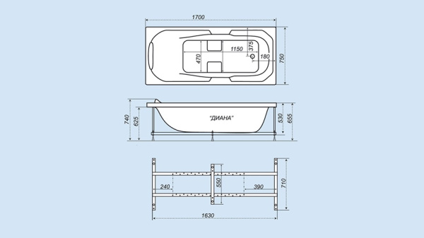 Ванна акриловая "Диана" ЭКСТРА 1700х750х655